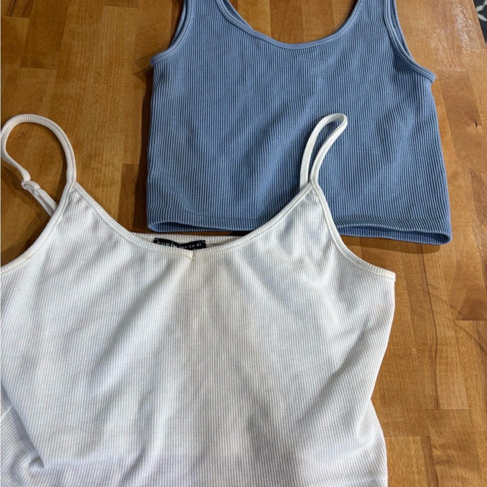 2 White & Light Blue Ribbed Crop Tank Tops - medium
